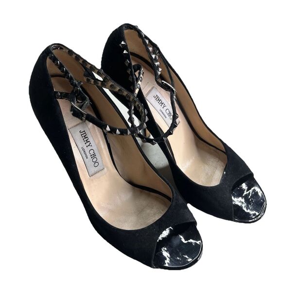 Jimmy Choo Suede Leather Studded Ankle Strap Stiletto Heels 40.5 (IT) Made Italy - Picture 5 of 13